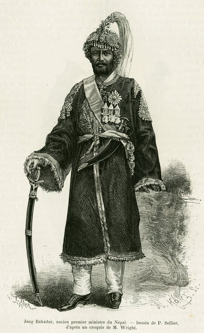 Jang Bahadur (1816-1877), premier Nepalu. Grawer P.Selliera ilustrujący opowiadanie „Podróż do Nepalu” dr. Gustave