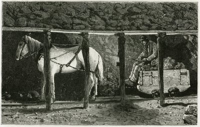 Wnętrze galerii z berlaine. Grawer autorstwa Ferata, aby zilustrować historię „Belgia” autorstwa Camille Lemonnier (1844-1913) belgijskiego pisarza. Opublikowano w Le Tour du monde, nouveau journal des voyages, 2. semestr 1884, pod redakcją Edouarda Charto autorstwa P. Ferat