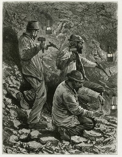 Górnicy wydobywający węgiel do żyły. Grawer autorstwa Ferata, aby zilustrować historię „Belgia” autorstwa Camille Lemonnier (1844-1913) belgijskiego pisarza. Opublikowano w Le Tour du monde, nouveau journal des voyages, 2. semestr 1884, pod redakcją Edouar autorstwa P. Ferat
