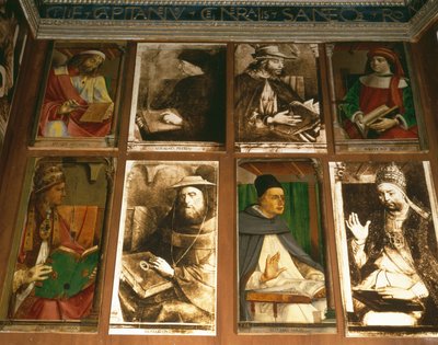 Studium Federigo da Montefeltro, księcia Urbino, zgodnie z ruchem wskazówek zegara od TL: Euklides z Megary, grecki filozof (450-374 pne); Vittorino da Feltre, włoski pedagog (1378-1446); Solon, ateński ustawodawca autorstwa P. Joos van Gent and Berruguete