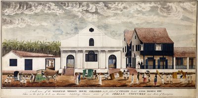Widok południowy na Wesleyan Mission House, Kolombo na wyspie Cejlon, wzniesiony Anno Domini 1816, c.1816 (akwarela) autorstwa P. van Houten