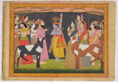 Kryszna podnoszący górę Govardhana z Bhagavata Purany, Kulu, Himachal Pradesh, 1749 autorstwa Pahari School