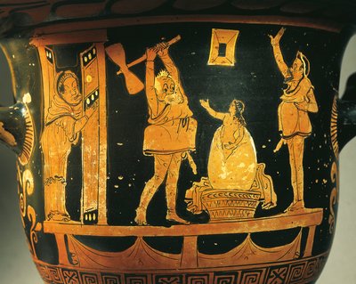 Krater apulijski ze sceną teatralną i karykaturą narodzin Heleny w jajku, przypisywany malarzowi z Dijon, ceramika czerwonofigurowa, detal, z Bari, Apulia, Włochy, starożytna cywilizacja grecka, Magna Graecia, IV w. p.n.e. autorstwa Painter Dijon