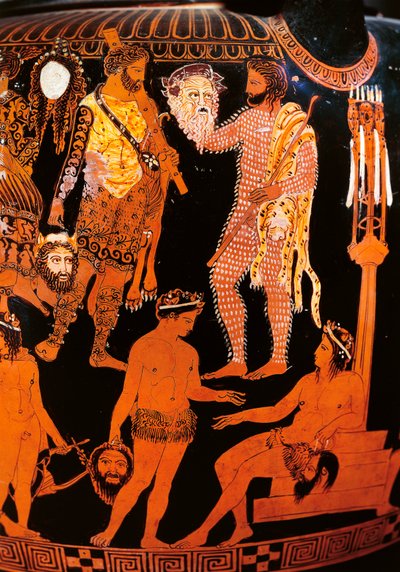 Czerwonofigurowy krater wolutowy z aktorem trzymającym maskę, z Ruvo, ok. 410 pne (ceramika) autorstwa Painter Pronomos