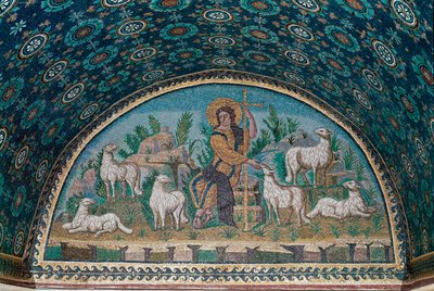 Dobry pastor. Mozaika lunety nad drzwiami wejściowymi Mauzoleum Galli Placydii, c425 (mozaika) autorstwa Paleo Christian