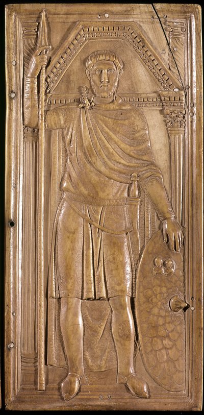 Stilikon w ramionach, generał, patrycjusz i konsul Cesarstwa Zachodniorzymskiego. Prawy panel dyptyka Stylichona (rzeźba na kości słoniowej, ok. 395) autorstwa Paleo Christian
