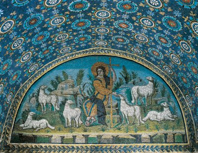 Dobry Pasterz, Mozaika ramki nad drzwiami wejściowymi Mauzoleum Galli Placydii, c425 (mozaika) autorstwa Paleo Christian