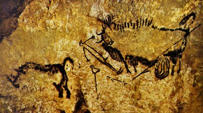 Ranny żubr, ranny człowiek i nosorożec włochaty, Lascaux (malowidło jaskiniowe) autorstwa Paleolithic Paleolithic