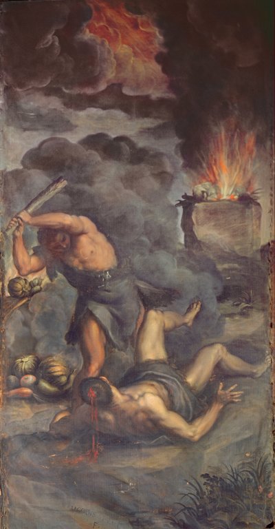 Wnętrze organowych drzwi płycinowych przedstawiających Kaina i Abla, 1600 r. autorstwa Palma Il Giovane