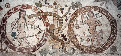 Kuszenie Adama i Ewy Mozaika Pantaleone, kapłana i mozaiki. 1163-1166. Nawa główna katedry w Otranto (Otranto), Włochy autorstwa Pantaleon Pantaleon