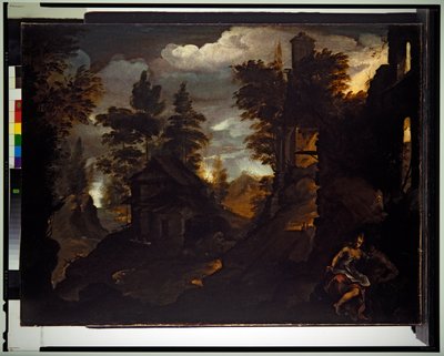 Nymfi ja satyyri raunioituneen rakennuksen luona kivikkoisessa metsämaisemassa autorstwa Paolo (1540 96) Fiammingo
