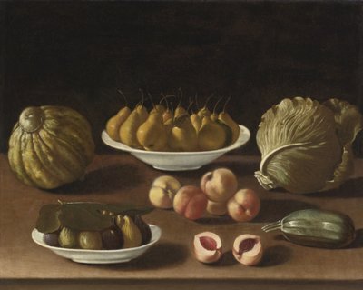 Martwa natura z gruszkami, brzoskwiniami, figami, melonem, kapustą i szpikiem autorstwa Paolo Antonio Barbieri