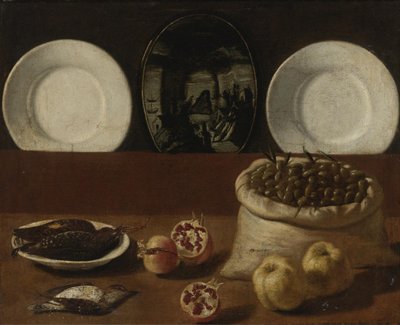 Martwa natura z talerzami, worek wypełniony oliwkami, dziczyzną, granatami i pigwą autorstwa Paolo Antonio Barbieri