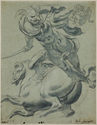 Perseusz trzymający głowę Meduzy z Pegazem w tle autorstwa Paolo Farinati