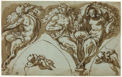 Studium dekoracji spandrelu z satyrką, satyrami i puttami (recto); głowa putta (verso) autorstwa Paolo Farinati