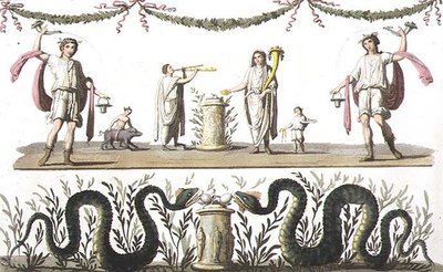 Freski z lararium prywatnego domu w Pompejach, z „Le Costume Ancien et Moderne” Julesa Ferrario, wydane ok. 1820-30 (kolor lito) autorstwa Paolo Fumagalli
