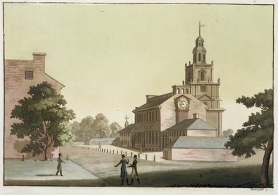 Independence Hall, Filadelfia, Pensylwania, z „Le Costume Ancien et Moderne”, tom I, płyta 41, Jules Ferrario, wydana ok. 1820-30 (kolorowa grawerunek) autorstwa Paolo Fumagalli