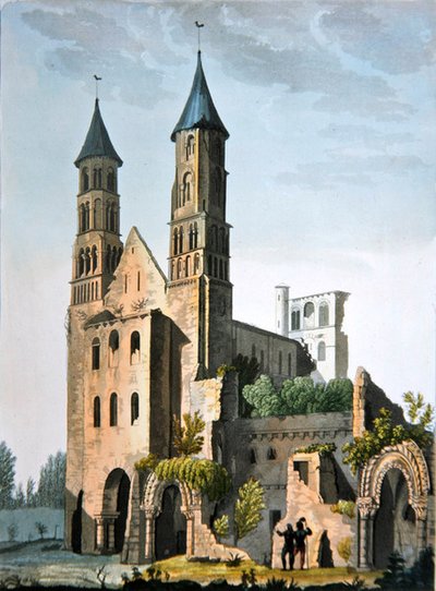 Opactwo Jumieges, z „Le Costume Ancien et Moderne” Julesa Ferrario, opublikowane ok. 1820-30 (kolor lito) autorstwa Paolo Fumagalli