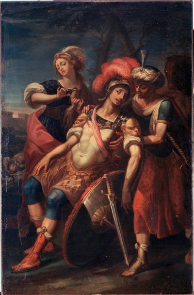 Erminia i Vafrino odkrywają rannego Tancrede (pieśń 19 z Jerusalem Dostarczone przez Torquato Tasso) (olej na płótnie autorstwa Paolo Girolamo Brusco