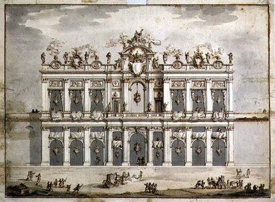 Projekt elewacji prawdopodobnie na „Festa della Chinea” z 1766 r. (pióro i brązowy tusz oraz pranie w papierze) autorstwa Paolo Posi