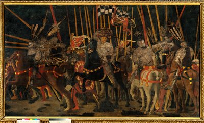 Bitwa pod San Romano między Florentyńczykami a Sieną 02/06/1432 (kontratak Micheletto da Cotignola). Obraz Paolo di Dono dit Uccello (1397-1475) 1456 Nd. 1,8x3,2 m Paryż, Muzeum Luwru. autorstwa Paolo Uccello