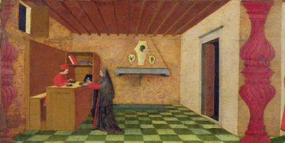 Predella profanacji hostii: chrześcijanka zmuszona przez żydowskiego lombarda do odkupienia płaszcza za cenę konsekrowanej hostii, ok. 1467-69 (tempera na desce) (fragment) autorstwa Paolo Uccello