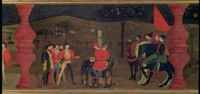 Predella profanacji hostii: żydowski lombard i jego rodzina spaleni na stosie za pieczenie konsekrowanej hostii, ok. 1468 r. (tempera na desce) (fragment) autorstwa Paolo Uccello