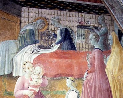 Narodziny Marii, fragment z cyklu Żywoty Marii i św. Szczepana, z Cappella dell"Assunta autorstwa Paolo Uccello