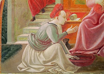 Narodziny Dziewicy, fragment siedzącej służącej, z cyklu fresk Żywoty Dziewicy i św. Szczepana z Kaplicy Wniebowzięcia Cappella dellAssunta fresk 1433-34 autorstwa Paolo Uccello