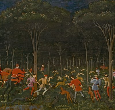 Polowanie w lesie, ok. 1465-70, olej na detalu panelu z 100861 autorstwa Paolo Uccello