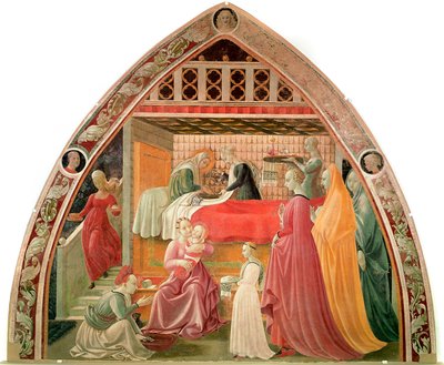 Narodziny Dziewicy. Położne opiekują się nową, podczas gdy służąca myje ręce Dziewicy. Obraz Paolo Uccello (Paolo di Dono detto autorstwa Paolo Uccello