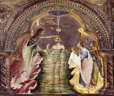 Chrzest Jezusa, fragment poliptyku Santa Chiara. (olej na drewnie, ok. 1350) autorstwa Paolo Veneziano