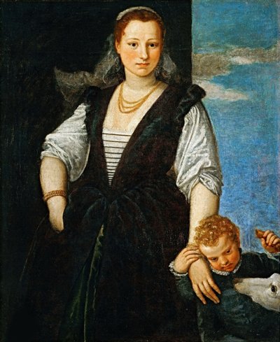Portret kobiety z dzieckiem i psem Isabella Guerrieri Gonzaga Canossa, 1547-1548. autorstwa Paolo Veronese