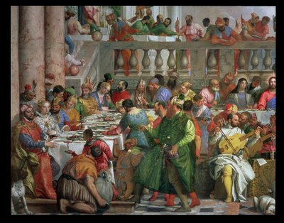 Uczta weselna w Kanie, fragment stołu bankietowego z mężczyzną w zielonej szacie i karłem z papugą, ok. 1562 olej na płótnie, fragment 94932 autorstwa Paolo Veronese