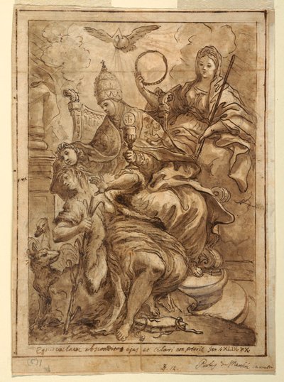 Rysunek Kościół triumfujący nad fałszem, ok. 1700 r. autorstwa Paolo de Mattheis