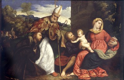 Święta Rodzina ze św. Ambrożym przedstawiającym darczyńcę, ok. 1525 (olej na desce) autorstwa Paris Bordone
