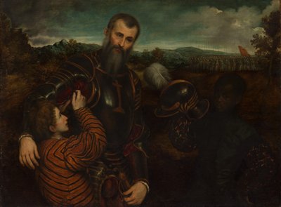 Portret mężczyzny w zbroi z dwiema stronami. autorstwa Paris Bordone