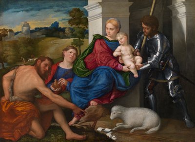 Matka Boska z Dzieciątkiem i świętymi Janem Chrzcicielem, Marią Magdaleną i Jerzym (prawdopodobnie), ok. 1524 r. (olej na desce) autorstwa Paris Bordone