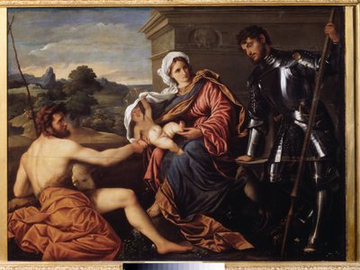 „Madonna z Dzieciątkiem, św. Jan Chrzciciel i św. Jerzy” (Madonna z Dzieciątkiem, św. Jan Chrzciciel i św. Jerzy) Obraz Paris Bordon lub Bordone (1500-1571) ok. 1530 Muzeum Pouchkine, Moskwa autorstwa Paris Bordone