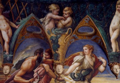 Akteon z towarzyszami, fragment z Mitu o Dianie i Akteon, ok. 1524, autorstwa Francesco Mazzoli, znanego jako Parmigianino (1503-1540), fresk, Pokój Diany i Akteona, Rocca Sanvitale, Fontanellato, niedaleko Parmy, Emilia-Romania, Włochy autorstwa Parmigianino