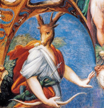 Transformacja Akteona w jelenia, z mitu o Dianie i Akteonie, ok. 1524, Francesco Mazzola znanego jako Parmigianino (1503-1540), fresk, Pokój Diany i Akteona, Rocca Sanvitale, Fontanellato, niedaleko Parmy, Emilia-Romania, Włochy autorstwa Parmigianino