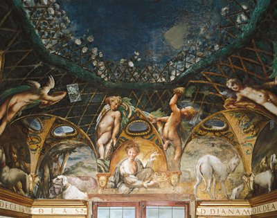 Ceres uczestnicząca w wydarzeniach w otoczeniu psów myśliwskich i cherubinów, z mitu o Dianie i Actaeon autorstwa Parmigianino
