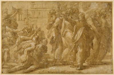 Chrystus z uczniami uzdrawiający trędowatych (pióro, tusz, mydło i farba do ciała na papierze) autorstwa Parmigianino (1503 40)