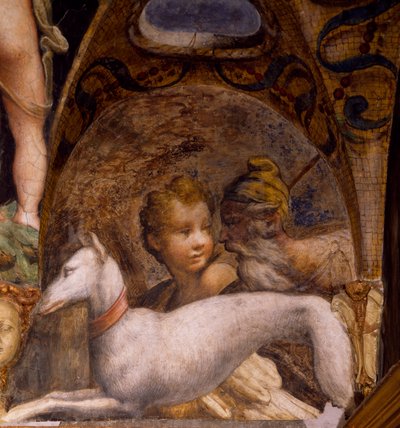 Pies i myśliwy, z mitu o Dianie i Actaeon autorstwa Parmigianino