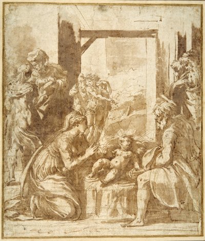 Narodzenia (pióro i brązowy tusz z brązowym rozmyciem na białym papierze) autorstwa Parmigianino