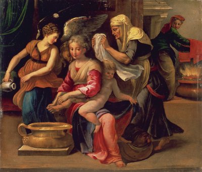 Kąpiel Niemowlaka (olejek na panelu) autorstwa Parmigianino