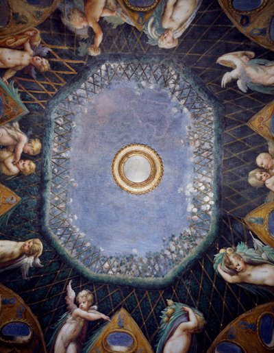 Putti i Przebłysk nieba, około 1524, Francesco Mazzola, znany jako Parmigianino (1503-1540), fresk, sklepienie Pokoju Diany i Akteona, Rocca Sanvitale, Fontanellato, niedaleko Parmy, Emilia-Romania, Szczegół, Włochy autorstwa Parmigianino