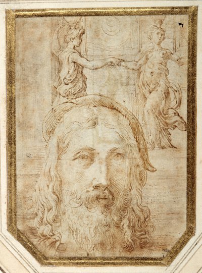 Autoportret, nałożony na wstępne studia dla dwóch kaneforów Steccaty (pióro i brązowy tusz na białym papierze) autorstwa Parmigianino