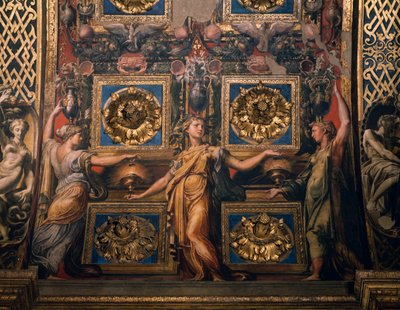 Trzy mądre dziewice, fragment Trzy mądre dziewice i trzy głupie dziewice, autorstwa Francesco Mazzola znanego jako Il Parmigianino, fresk pod łukiem prezbiterium, Sanktuarium Santa Maria della Steccata, Parma, Emilia-Romania. Włochy autorstwa Parmigianino