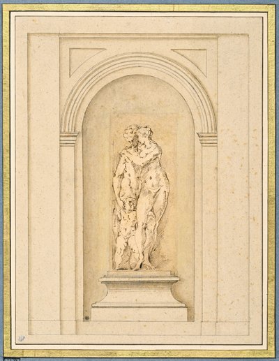 Dwie postacie i amorek otoczony późniejszą ramą architektoniczną autorstwa Parmigianino